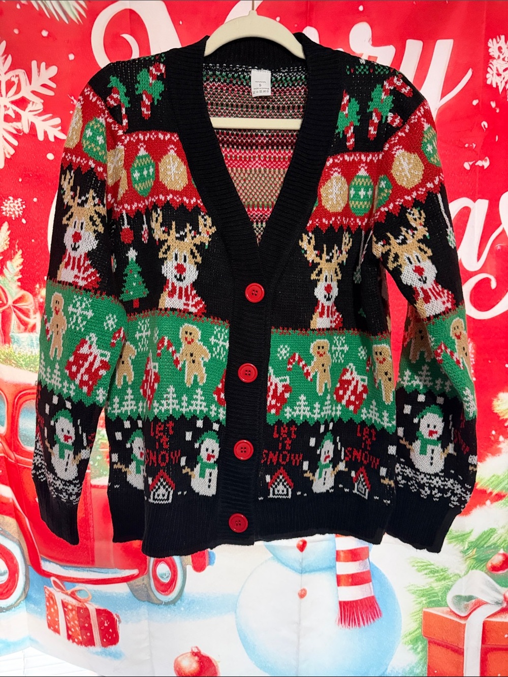 Festive Women’s Black Christmas Cardigan Sweater with Holiday Motifs
